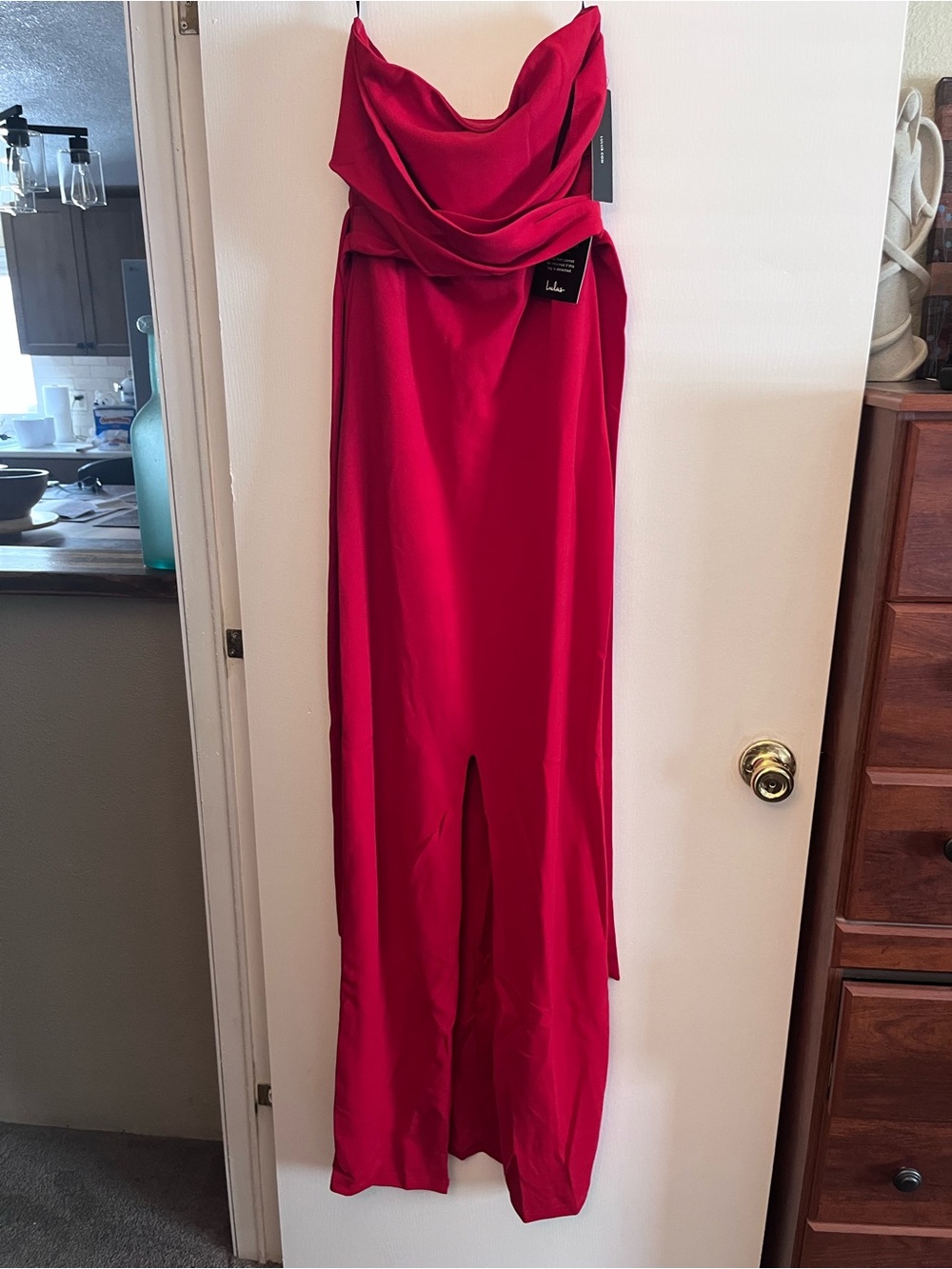 Lulu Red Strapless Draped Evening Gown